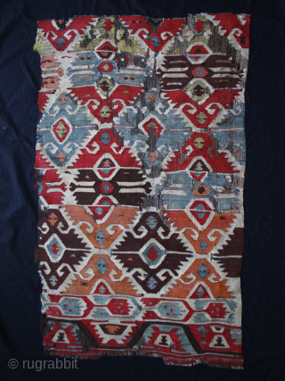 Western Anatolia Dazkiri, Denizli area, Kilim fragment datable back to first half of 19th century, 1800/1850. Size is cm 85x150 or 44"x59". In those days there were no chemical colors, so it's  ...