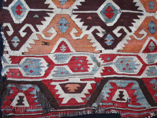 Western Anatolia Dazkiri, Denizli area, Kilim fragment datable back to first half of 19th century, 1800/1850. Size is cm 85x150 or 44"x59". In those days there were no chemical colors, so it's  ...