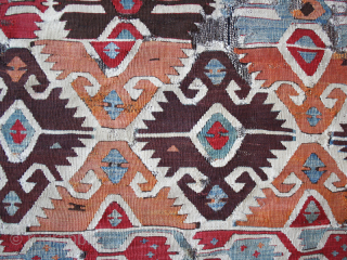 Western Anatolia Dazkiri, Denizli area, Kilim fragment datable back to first half of 19th century, 1800/1850. Size is cm 85x150 or 44"x59". In those days there were no chemical colors, so it's  ...