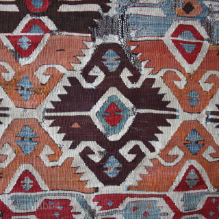 Western Anatolia Dazkiri, Denizli area, Kilim fragment datable back to first half of 19th century, 1800/1850. Size is cm 85x150 or 44"x59". In those days there were no chemical colors, so it's  ...