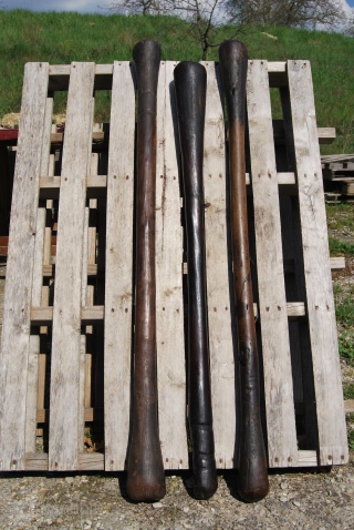 Africa! These are three antique wooden mortar pestles from West Africa, most probably from Dogon tribal group. They are great, beautiful, they show long usage and age, glossy shafts and heavy wear  ...