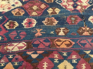 Van, Eastern Anatolia, kilim fragment. Cm 72x176. Datable 1880/1890. Great, wild pattern. Lovely colors. In bad condition, with holes, tears, etc., but still highly enjoyable. I would suggest to have it professionally  ...