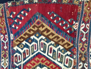 Malatya area, Sinanli tribal group big heybe bag face. Classic pattern, very fine weave, lots of metal thread, great natural colors.Please apply to carlokocman@gmail.com         