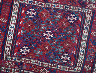 Shahsavan/Khamseh sumack saddle bag face. 
Cm 48x65. 
End 19th c. 
This is a super piece, a rare pearl! ...and extremely beautiful! 
Great saturated colors. 
Have a good look at them! 
Very interesting  ...