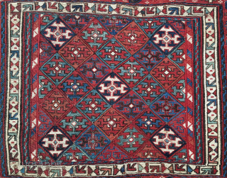 Shahsavan/Khamseh sumack saddle bag face. 
Cm 48x65. 
End 19th c. 
This is a super piece, a rare pearl! ...and extremely beautiful! 
Great saturated colors. 
Have a good look at them! 
Very interesting  ...