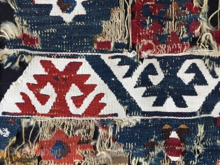 Reyhanli kilim fragment. Cm 64x100.  Eastern Anatolia, Aleppo area. Cm 64x100 ca. Reasonably mid 19th century, or earlier? This is what was left of a wonderful kilim strip i bought years  ...