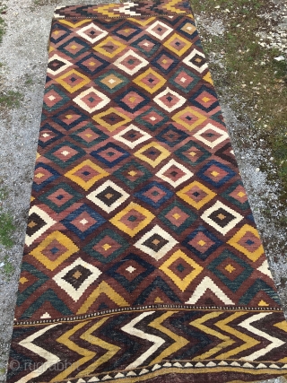 Maimana kilim. Cm 215 332. Late 19th/early 20th c. Wonderful colors. Lovely pattern. A few tiny holes here & there otherwise in good condition.         