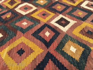 Maimana kilim. Cm 215 332. Late 19th/early 20th c. Wonderful colors. Lovely pattern. A few tiny holes here & there otherwise in good condition.         