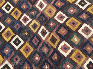 Maimana kilim. Cm 215 332. Late 19th/early 20th c. Wonderful colors. Lovely pattern. A few tiny holes here & there otherwise in good condition.         