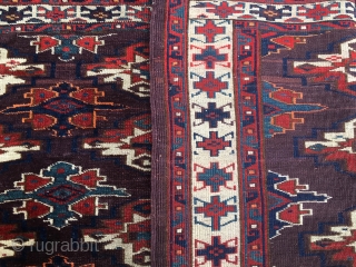 Turkmen Yomut super cuval. 3rd q 19th c. Liver background, very detailed pattern with 9 great main guls, lovely side guls, insect border, marvelous colors, good condition, full pile.    