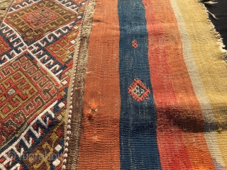 Yet one more Anatolian tribal culture cuval. Cm 120x156. 1880/90sh as we can see from the presence of the fuchsine. Wool, cotton and even some metal thread. Great colors. Condition issues as  ...
