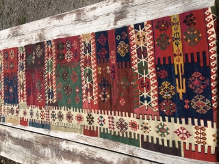 This is a super kilim strip. Called Aleppo in the rug business. Attribution is to the Reyhanli tribal group. Cm 74x362. Datable 1880sh. Very fine weave. Fantastic, natural, deeply saturated colors. Lovely  ...