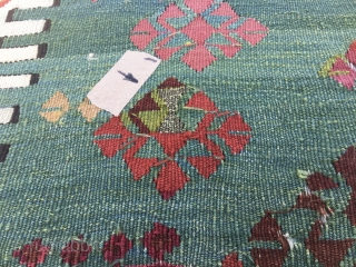 This is a super kilim strip. Called Aleppo in the rug business. Attribution is to the Reyhanli tribal group. Cm 74x362. Datable 1880sh. Very fine weave. Fantastic, natural, deeply saturated colors. Lovely  ...