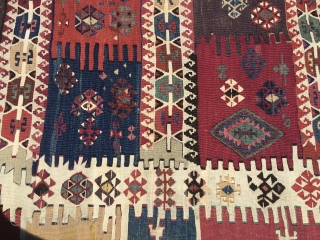 This is a super kilim strip. Called Aleppo in the rug business. Attribution is to the Reyhanli tribal group. Cm 74x362. Datable 1880sh. Very fine weave. Fantastic, natural, deeply saturated colors. Lovely  ...