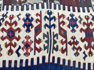 Colors! Graphics! This kilim strip is a marvel of colors and graphics. East Anatolia, most probably Reyhanli tribal group. Cm 77x289. Mid to end 19th century. Wool on wool plus some hard  ...