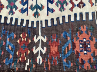 Colors! Graphics! This kilim strip is a marvel of colors and graphics. East Anatolia, most probably Reyhanli tribal group. Cm 77x289. Mid to end 19th century. Wool on wool plus some hard  ...