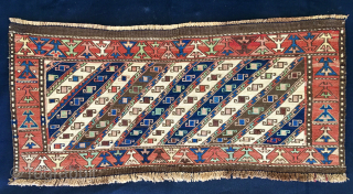 Shahsavan Moghan Sumack mafrash side/long panel. 
Size is cm 45x100 ca. 
Datable 1880/1890. 
The Shahsavan loved to use the moharamat/stripes pattern, in different ways. Here we have diagonal moharamat pattern which is  ...