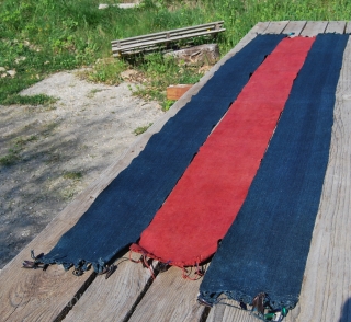 Nagaland. Burma. Naga loin cloth/shawl? made of three long stripes embellished with beetle elytra wings on the ends. Cm 46X185 ca. Indigo, madder. In many instances, there is a connection between one’s  ...