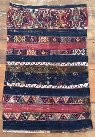 Sinanli kilim/cuval fragment. Cm 68x102. Datable 1860/1880 or earlier. The Sinanli were part of the bigger Reshwani tribal group. They were mainly located in Eastern Anatolia. This lovely fragment might be a  ...