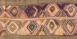 Eastern Anatolia open cuval or storage bag. Cm 100x122 ca. Datable back to 80/120 years. Lovely central strip with medallions, two of them with metal thread. In good condition, two small old  ...