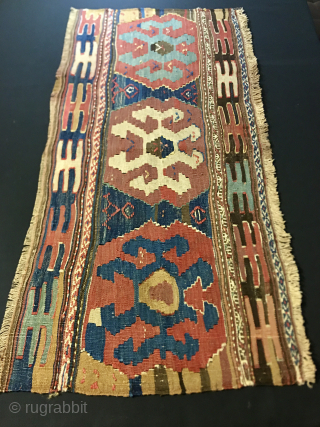 Shahsavan rare design kilim mafrash long panel. 
Cm 50x105 ca. 
Datable 1870/880, if not earlier according to the dyes. 
Great pattern with 3 big medallions, top and bottom lovely finger strips. 
Note  ...