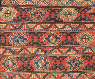 Karabakh sumack bag face.
(yes Karabakh, not Shahsavan as I thought, but….read later on) 
Cm 53x57. 
Databile 1880sh. 
Classic, elegant, rich design. 
Lots of deep, saturated natural colors.  
In very good condition.  ...