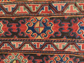 Karabakh sumack bag face.
(yes Karabakh, not Shahsavan as I thought, but….read later on) 
Cm 53x57. 
Databile 1880sh. 
Classic, elegant, rich design. 
Lots of deep, saturated natural colors.  
In very good condition.  ...