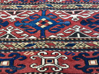 Caucasian Karabagh sumak mafrash end panel. 
Cm 42x44. 
End 19th century. 
Crabs panel. 
Fantastic graphics. 
Wonderful deep saturated natural colors. 
Collectible. 
Enjoyable. 
Buyable. 
Available by DM or emailing to carlokocman@gmail.com

P.S. Unbeatably priced.......+  ...