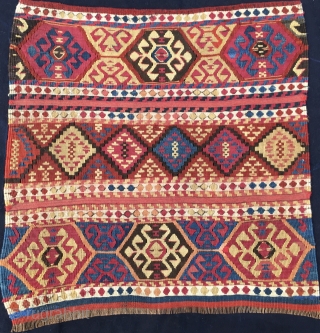 Enjoy the color power!
Wonderful antique natural color Sinanli tribal group bag face. Eastern Anatolia. Cm 69x73. See the fantastic cochineal, the lovely madder red & orange, the bright yellow, the deep indigo  ...
