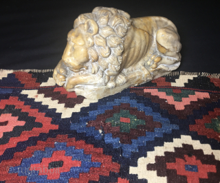 COLORS! WONDERFUL COLORS!
This a Bidjar mafrash panel fragment.
Size is cm 40x60 ca.
Approx age is 1840/1860.
Wonderful deeply saturated natural dyes.
See the yellow, green, pink, etc!
The marble "Sleepy lion" watching the panel is Venetian  ...