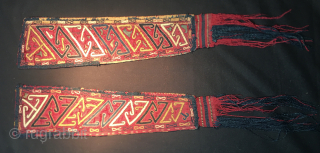 Turkmen Tekke silk chirpy sleeves. 
Cm 9x40 ca. Datable 1860/80. 
Beautiful, extremely rare, tribal art work items.
Most probably kept and used as amulets. 
Simply wonderful. 
Email carlokocman@gmail.com      