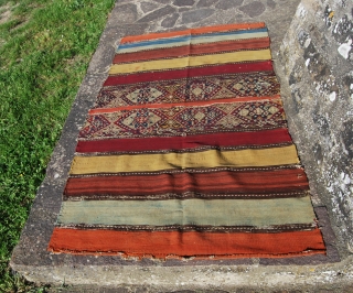This cuval or storage bag is most probably from Sinankoy village in the Malatya province, Eastern Anatolia, Turkey. They used fantastic, deep, natural dyes while in the weaving of the central part,  ...