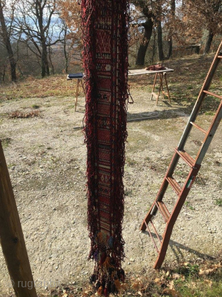 Extremely rare, antique, beautiful museum tribal item.

Turkmen tent/yurt storm band.
Cm 480x14. Antique, rare, colorful, beautiful and in very good condition. 
Such lengthy bands were used in the yurts to keep down the  ...