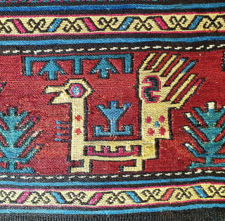Royal Shahsavan sumack mafrash main panel, also called The Peacock panel.
 
Cm 48x108 ca, 2nd half of the 19th century. 
Great pattern with two main rows formed each by seven peacocks that  ...