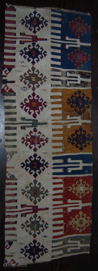 Central Anatolia kilim fragment. Cm 38x110. Second half 19th century. Great colors, great pattern. See more pics on my fb page: https://www.facebook.com/media/set/?set=a.10153419885734258.1073742040.358259864257&type=1&pnref=story

           