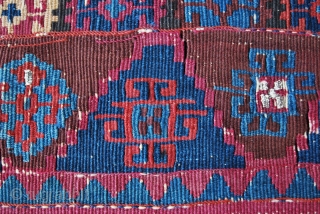 South Eastern Anatolia kilim fragment. Cm 54x70 ca. Mid 19th century. Cochineal red, Malatya apricot and different great blues. Lots of metal thread spots. This is a really good fragment, a great,  ...