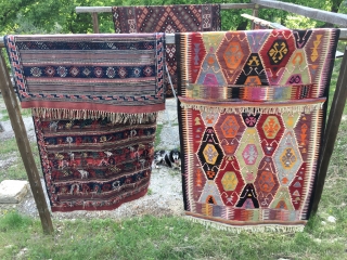 Two kilims at cost price. The first one is from somewhere in Central Anatolia. Size is cm 160x305. Vintage, decorative piece. It has some minor condition issues. There is an inscription on  ...