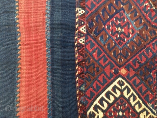 Eastern Anatolia. Malatya area. This is a Sinanli tribe cuval. It's a special one. Weftless sumack with stripes in two colors only: red & blue. Cochineal red and indigo blue, glorious colors,  ...