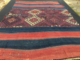 Eastern Anatolia. Malatya area. This is a Sinanli tribe cuval. It's a special one. Weftless sumack with stripes in two colors only: red & blue. Cochineal red and indigo blue, glorious colors,  ...