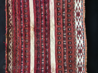 Tekke Ak torba. Cm 34x87. Antique, datable 1880, great cochineal, cotton, fine, precise drawing, beautiful. Condition issues apply as per photo.
Price reduced by 50%. 

Email carlokocman@gmail.com       