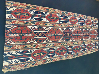 Karabagh (Black Garden) Caucasian wonder. 
Awesome mafrash/bedding bag side panel. 
Cm 38x98. 
Second half 19th century. 
Very fine weave, wool & cotton. 
Lovely, deep saturated colors, reds and blues and yellows. 
Great  ...