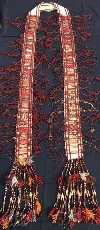 Turkmen yurt "storm band”. Fyi some say it could be Uzbek. 
Cm 480x14. 
Could well be end of the 19th century.
In mint conditions.
Never seen one before with the talisman.
Antique, museum worth, colorful,  ...