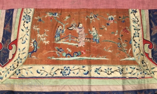 Chinese curtain element. Cm 50x195 ca. Late 19th century. Silk embroidery on silk basis. Metal thread in the outer border.  Three parts, each one with a different scene. Really beautiful. Good  ...