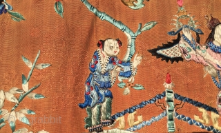 Chinese curtain element. Cm 50x195 ca. Late 19th century. Silk embroidery on silk basis. Metal thread in the outer border.  Three parts, each one with a different scene. Really beautiful. Good  ...