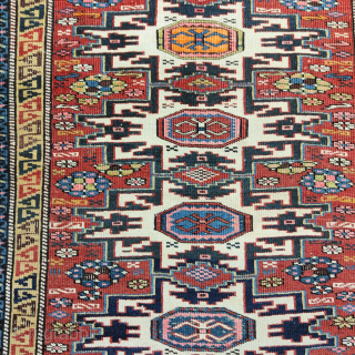 Shirwan Lesghi Rug.
Seven Stars Tribal Jewel.
Size is cm 100x130.
Approx age is end of the 19th, early 20th century, but could well be older.
Lesghistan, northern Caucasus, along the Caspian sea, Southern Daghestan, Northern  ...