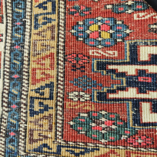 Shirwan Lesghi Rug.
Seven Stars Tribal Jewel.
Size is cm 100x130.
Approx age is end of the 19th, early 20th century, but could well be older.
Lesghistan, northern Caucasus, along the Caspian sea, Southern Daghestan, Northern  ...