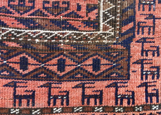 Baluchi rug fragment.
Cm 37x48
Early 20th century or before.
Very thin weave.
Great camel(?) display.
Decorative, beautiful and cheap.
Email carlokocman@gmail.com                 
