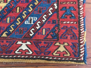 Shahsavan sumack khorjin bag with original back. Cm 60x60 ca. End 19th century. Great colors, great weaving details. A very beautiful bag, with a rough, primitive weave and crisp colours. In very  ...