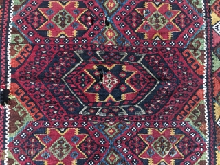 Eastern Anatolia, Malatya, big heybe bag face. Sinanli tribal group.  Cm 67x79. Datable 1880/1890. Wool, cotton, silver/metal thread. Wonderful saturated colors, great five star pattern. Couple of small holes and tears.  ...