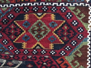 Eastern Anatolia, Malatya, big heybe bag face. Sinanli tribal group.  Cm 67x79. Datable 1880/1890. Wool, cotton, silver/metal thread. Wonderful saturated colors, great five star pattern. Couple of small holes and tears.  ...